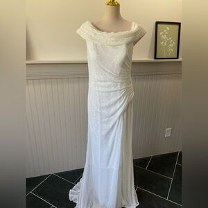 Ieena for Mac Duggal White Sequin Off Shoulder Evening Gown Size 14 NWT